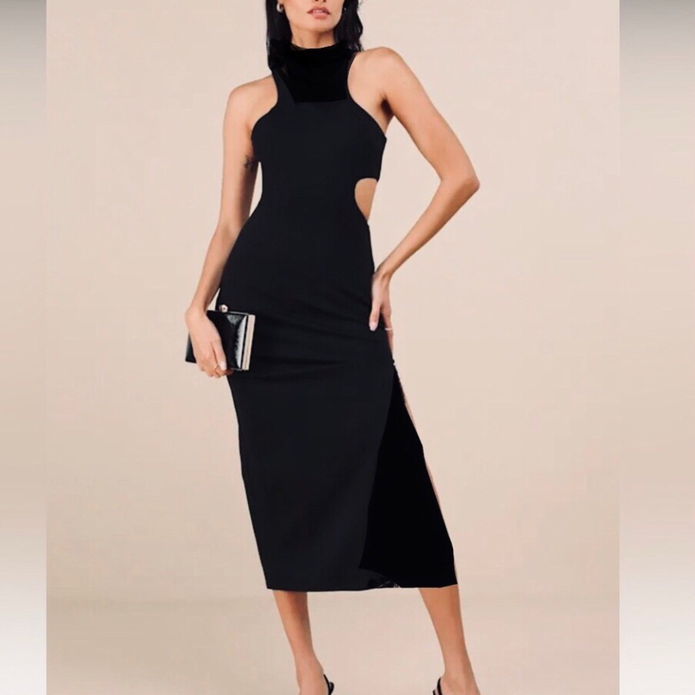 🖤Beaded Midi Bandage black mock-neck cocktail sleeveless Peek-A-Boo sides dress